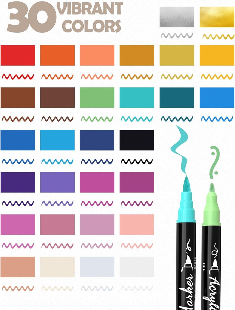 TOSHARE 30 Colors Acrylic Paint Markers - Waterproof Dual Tip Acrylic Paint Pens with Brush & Fine Tip Professional Marker Set Scrapbook Markers for Paper Rock Wood Fabric Glass Ceramic and DIY Crafts - Image 3